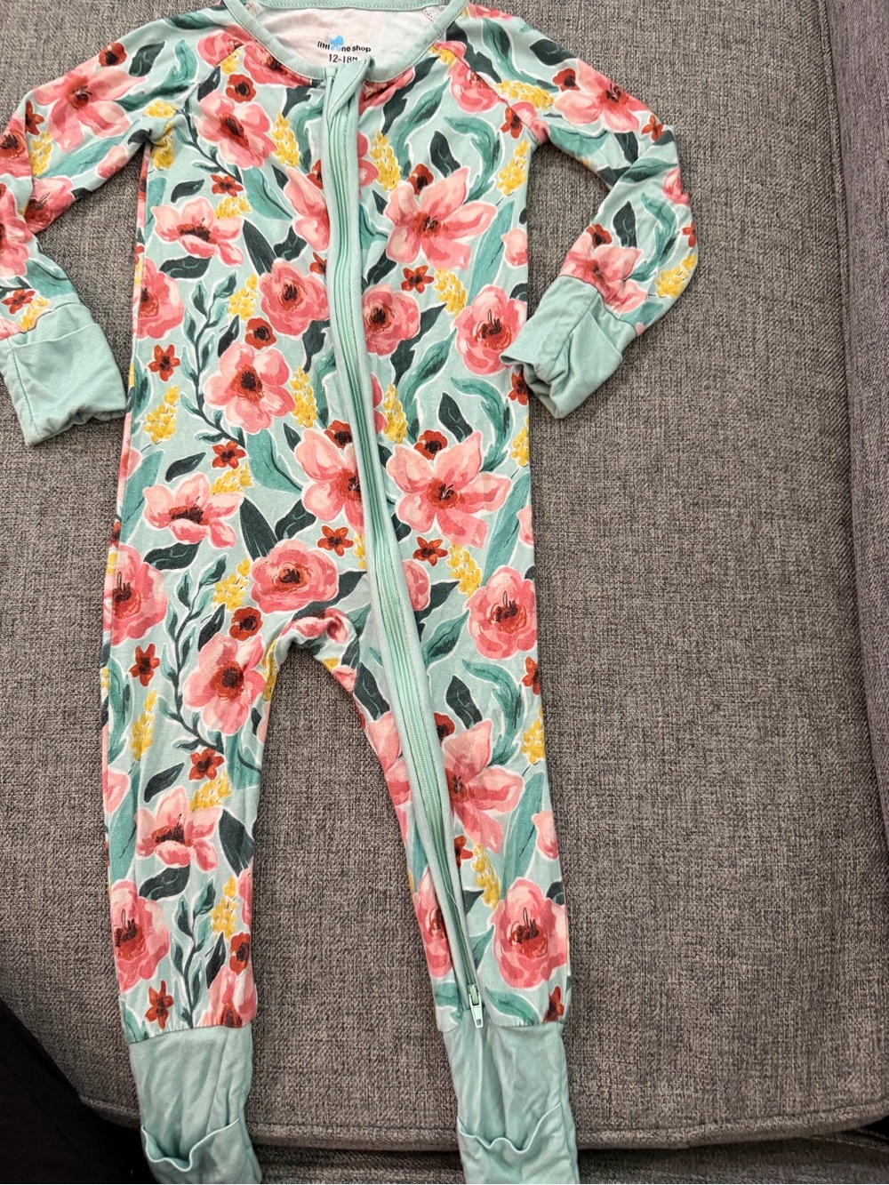 Little One Shop Floral 2 way Zip-Front Kids One-Piece in Aqua and Pink 12-18m